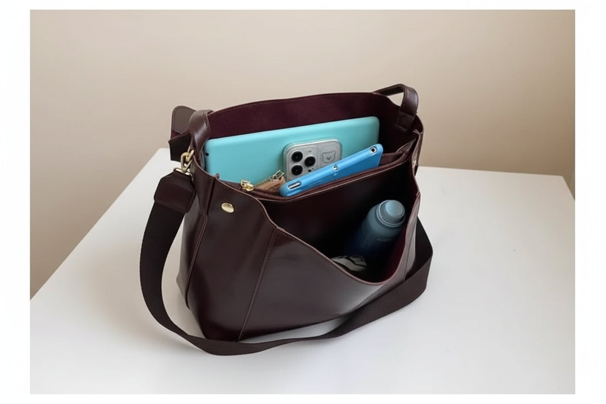 Brown leather bag with phone, water bottle, and other items on a white background